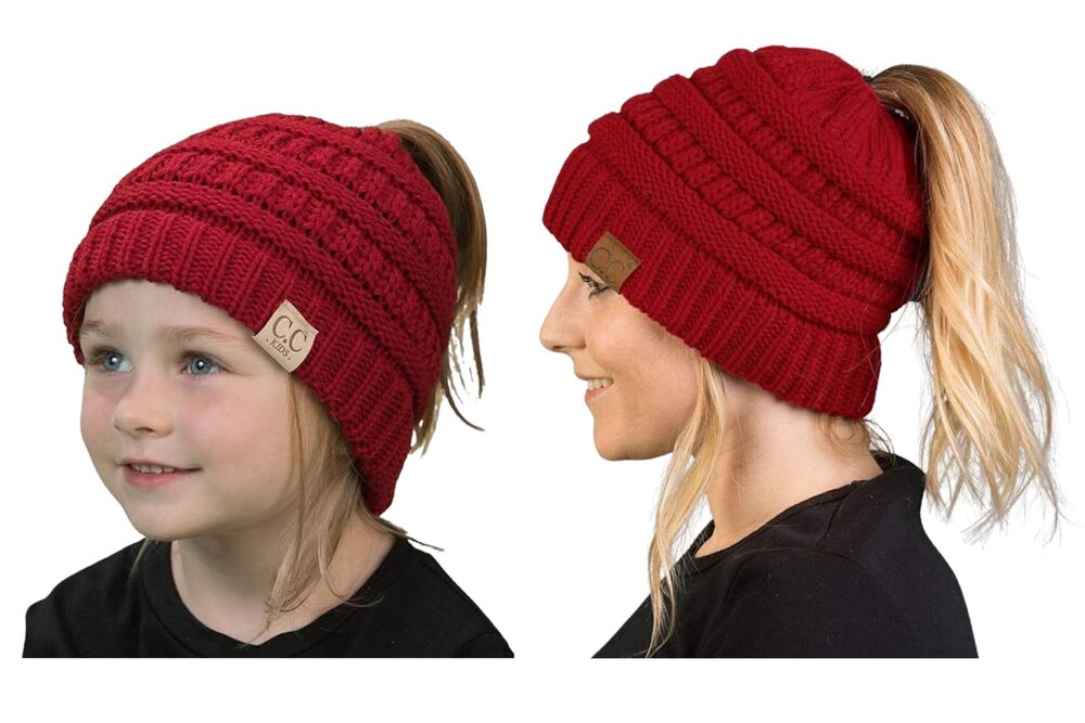 6165 Matching 2 Pack Mommy & Me Messy Bun Ponytail Winter Knit Hat - Adult